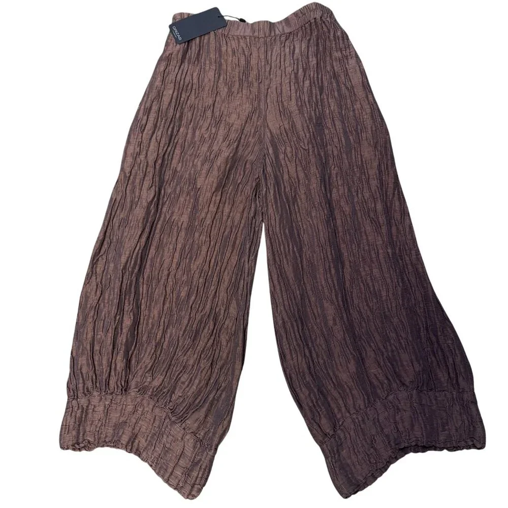 NWT Grizas Crinkle Silk Blend Brown Wide-Leg Pants M - Picture 3 of 6